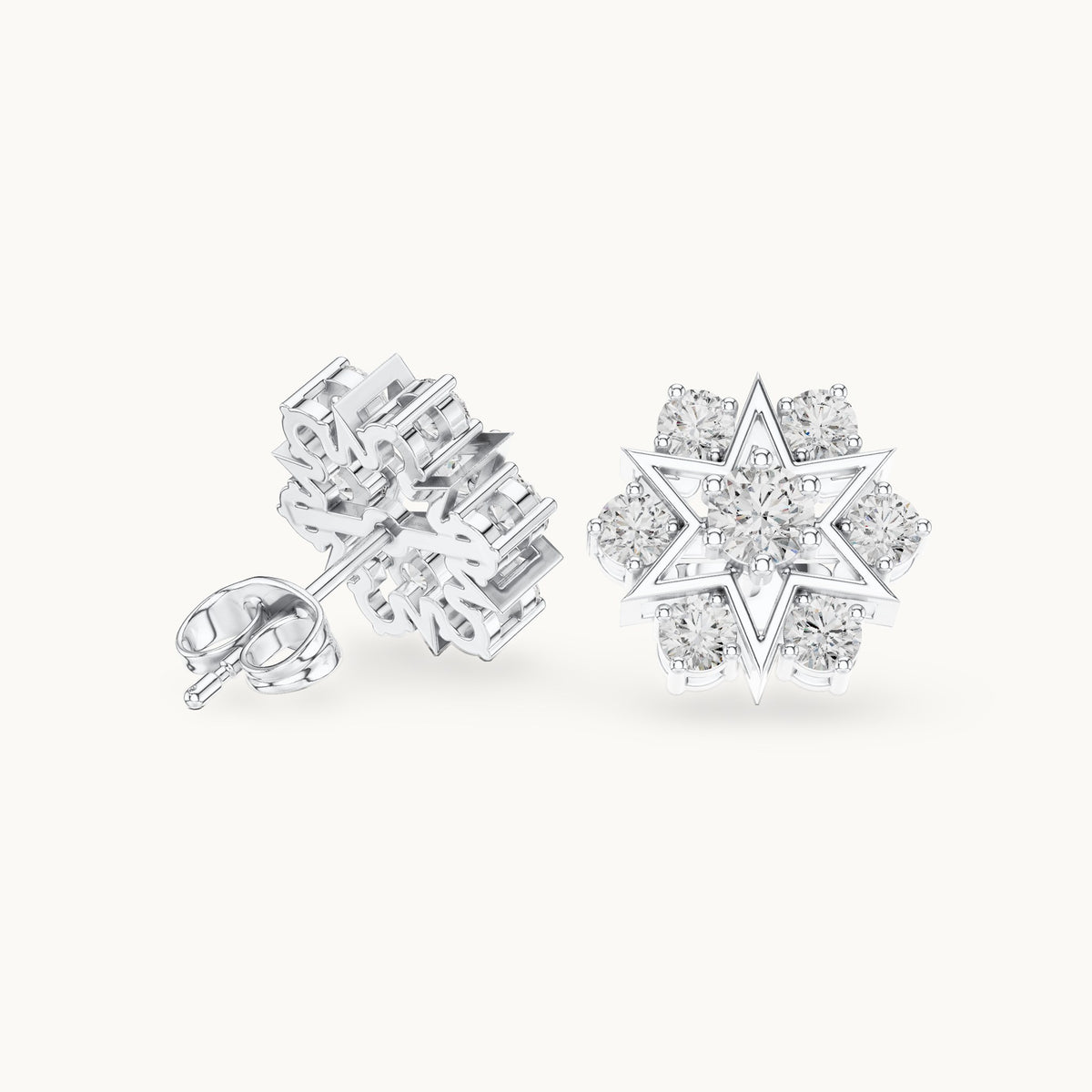Round lab-grown diamond star cluster stud earrings in white gold, 1.38 CT TW, view 1