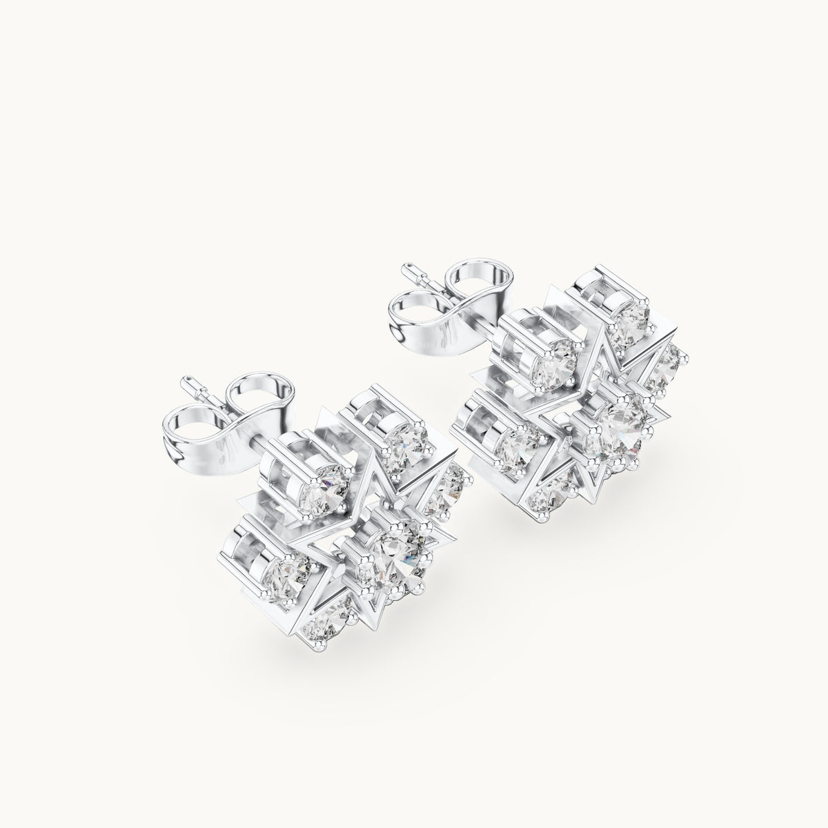Round lab-grown diamond star cluster stud earrings in white gold, 1.38 CT TW, view 2