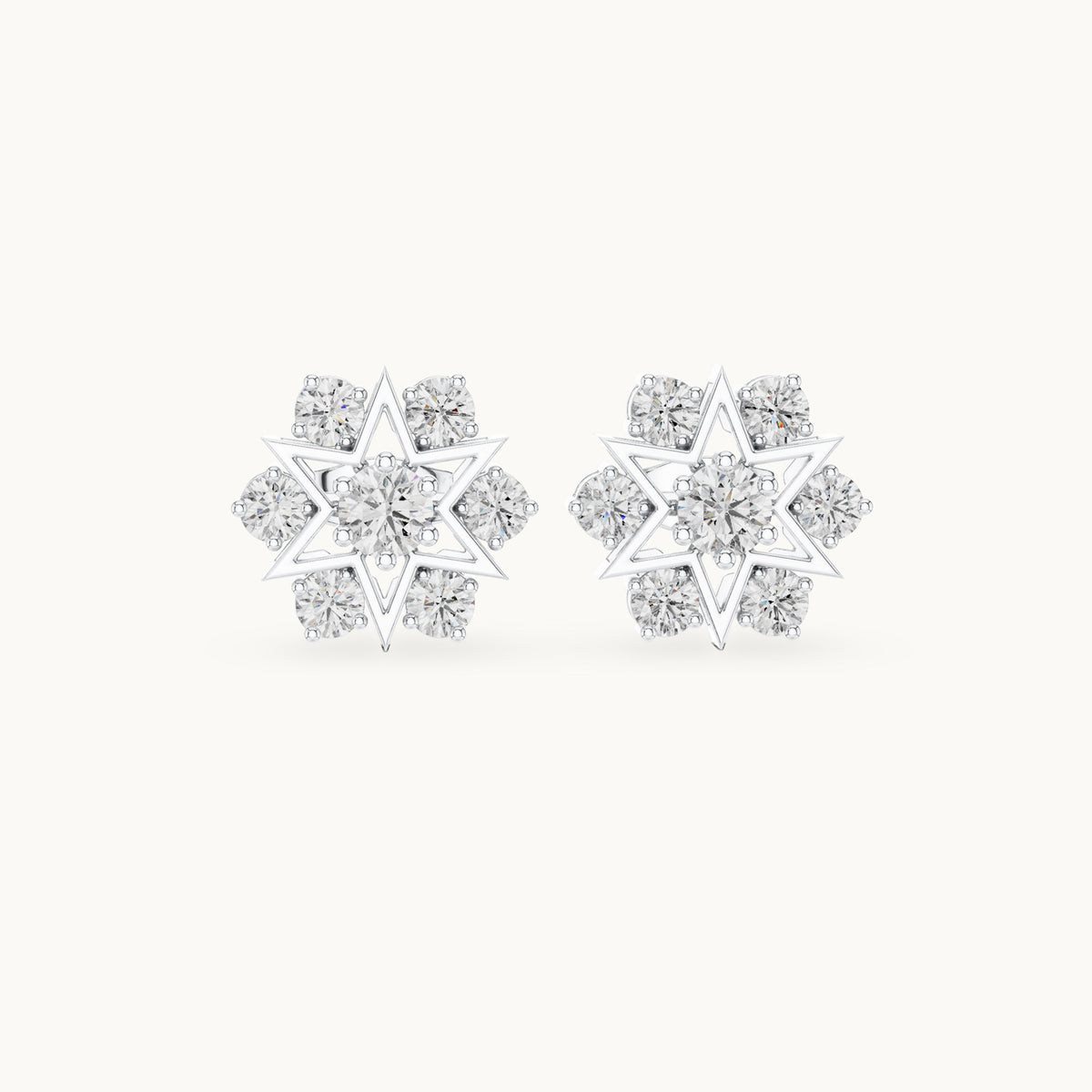 Round lab-grown diamond star cluster stud earrings in white gold, 1.38 CT TW, view 4