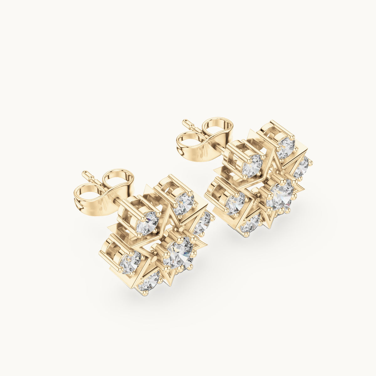 Round lab-grown diamond star cluster stud earrings in yellow gold, 1.38 CT TW, view 2