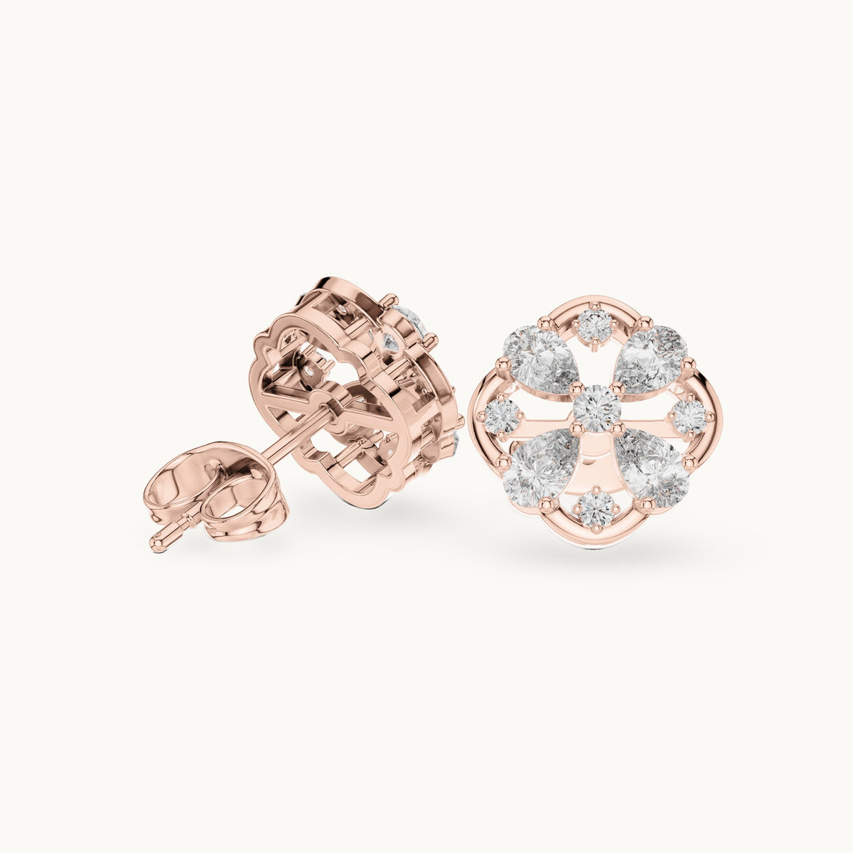 Pear and round lab-grown diamond clover stud earrings in rose gold, 1.07 CT TW, view 1