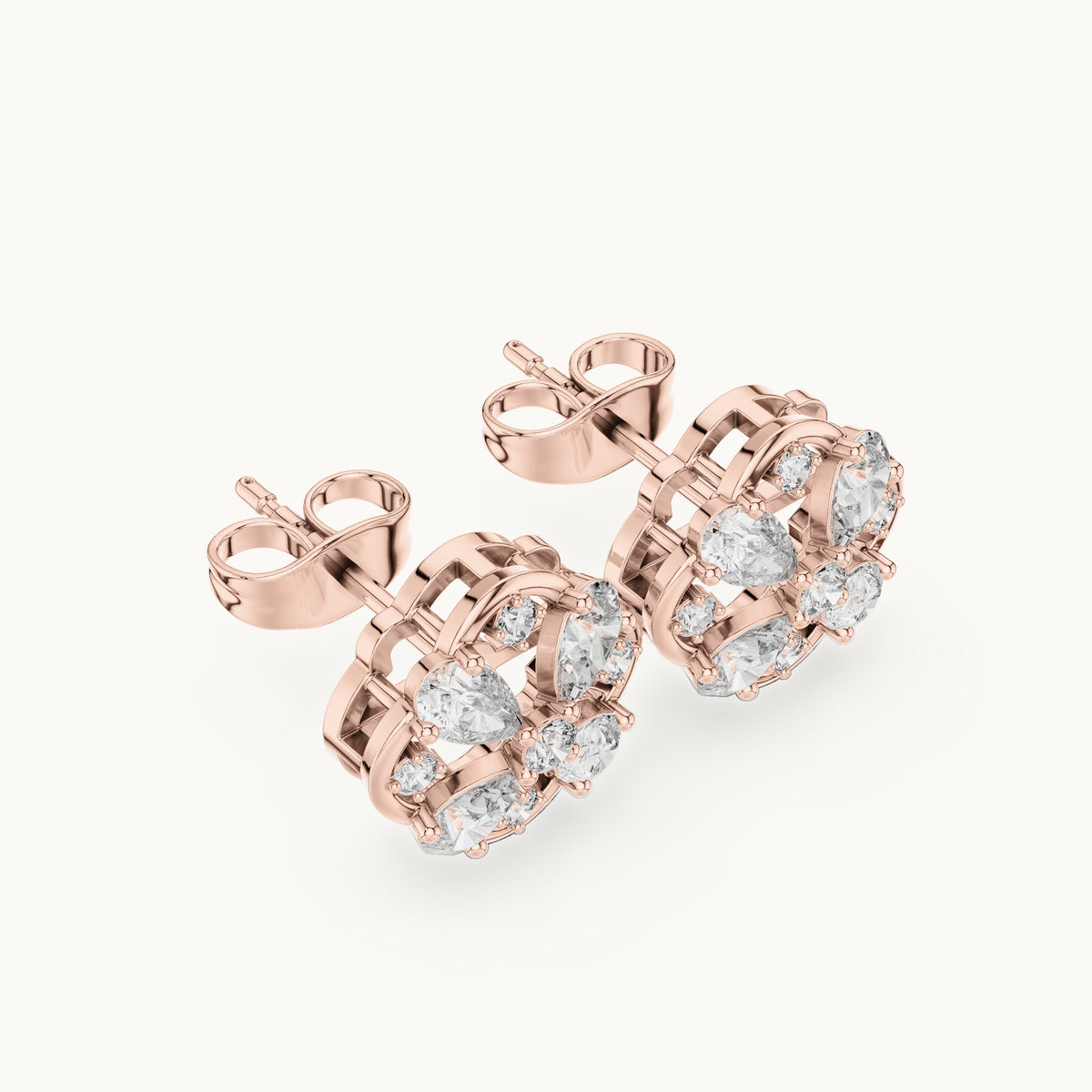 Pear and round lab-grown diamond clover stud earrings in rose gold, 1.07 CT TW, view 2
