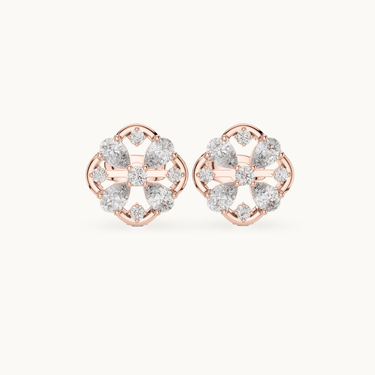 Pear and round lab-grown diamond clover stud earrings in rose gold, 1.07 CT TW, view 4