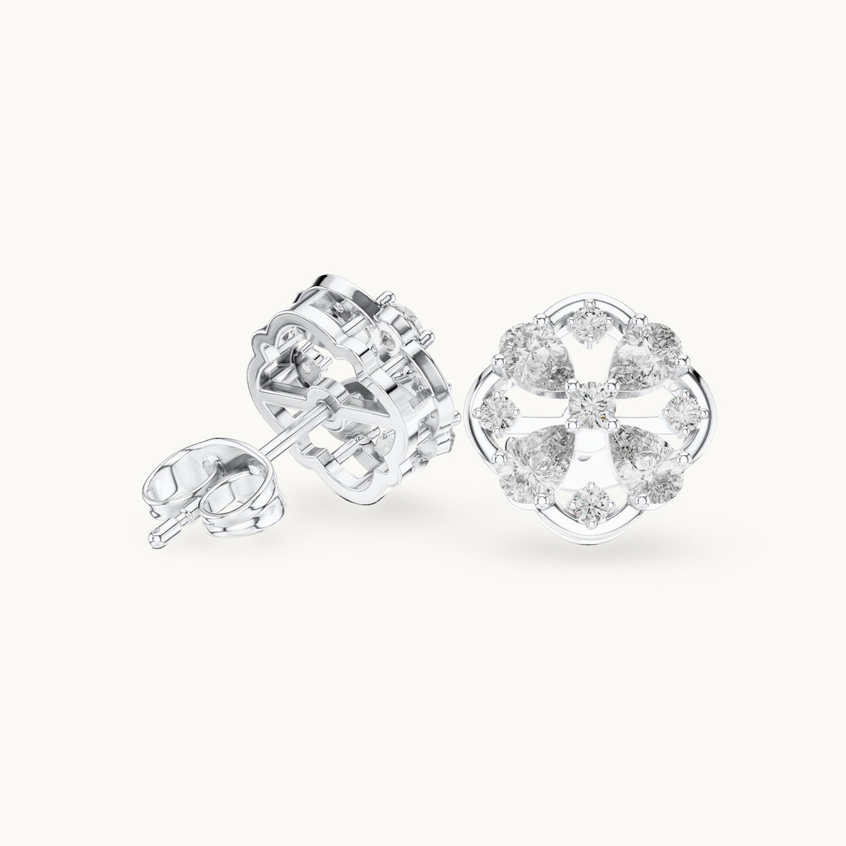 Pear and round lab-grown diamond clover stud earrings in white gold, 1.07 CT TW, view 1
