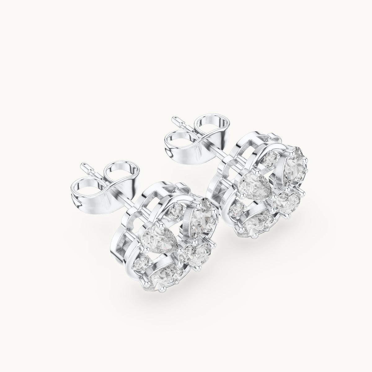 Pear and round lab-grown diamond clover stud earrings in white gold, 1.07 CT TW, view 2