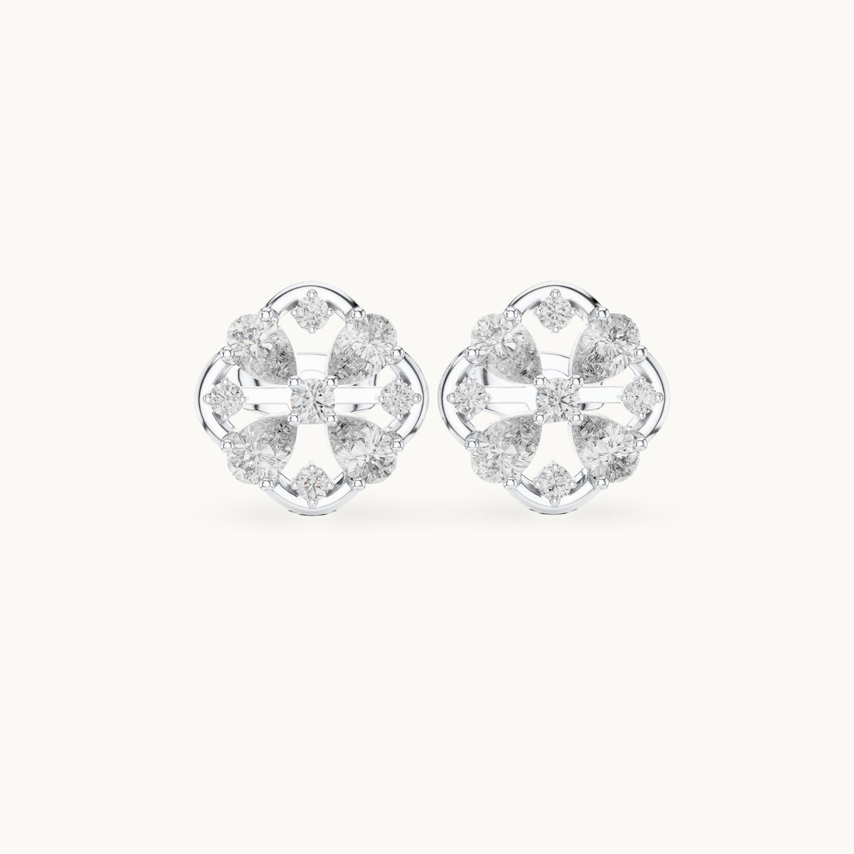 Pear and round lab-grown diamond clover stud earrings in white gold, 1.07 CT TW, view 4