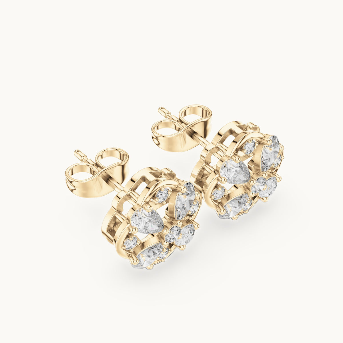 Pear and round lab-grown diamond clover stud earrings in yellow gold, 1.07 CT TW, view 2