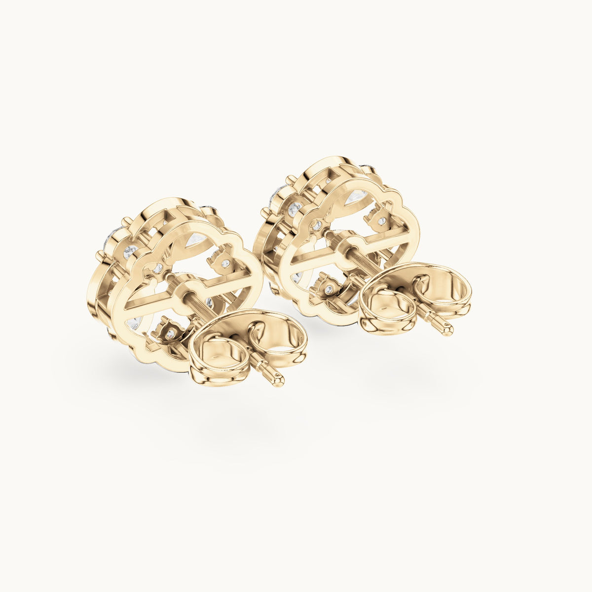 Pear and round lab-grown diamond clover stud earrings in yellow gold, 1.07 CT TW, view 3