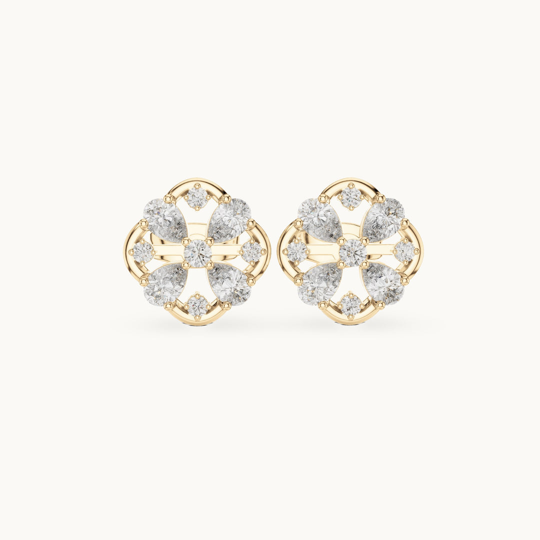 Pear and round lab-grown diamond clover stud earrings in yellow gold, 1.07 CT TW, view 4