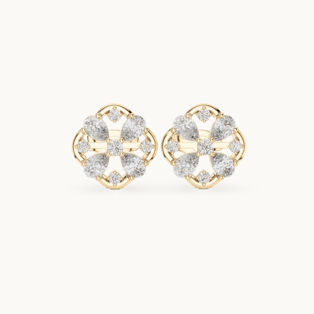 Pear and round lab-grown diamond clover stud earrings in yellow gold, 1.07 CT TW, view 4