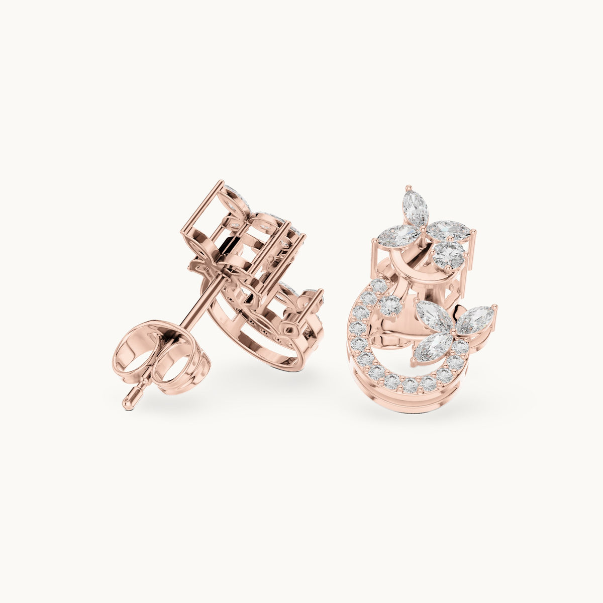 Marquise and round lab-grown diamond vine crescent stud earrings in rose gold, 0.50 CT TW, view 1