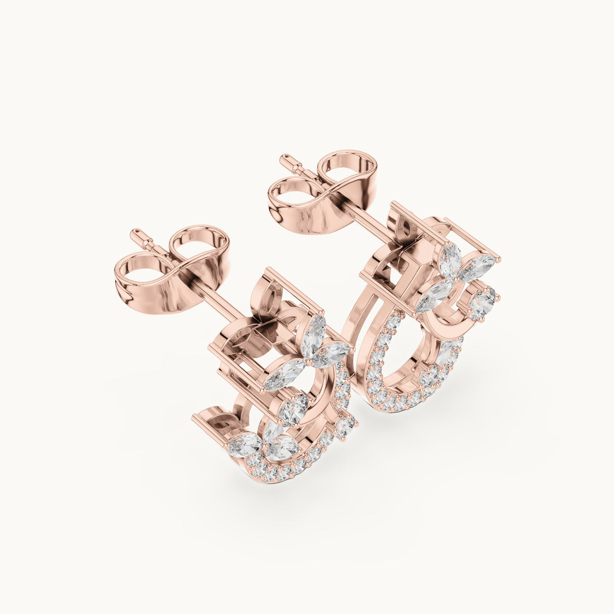 Marquise and round lab-grown diamond vine crescent stud earrings in rose gold, 0.50 CT TW, view 2