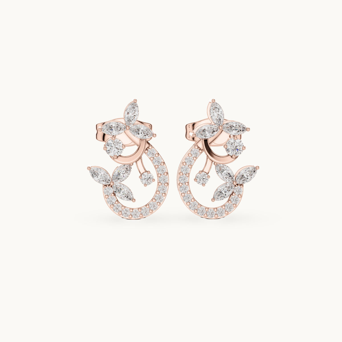 Marquise and round lab-grown diamond vine crescent stud earrings in rose gold, 0.50 CT TW, view 4