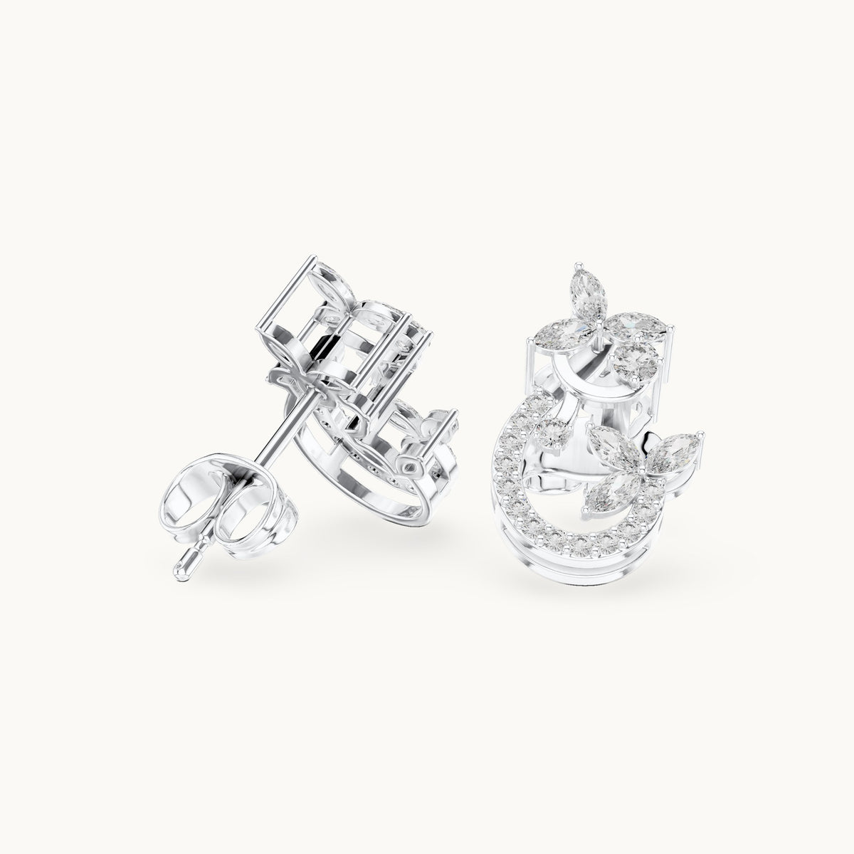 Marquise and round lab-grown diamond vine crescent stud earrings in white gold, 0.50 CT TW, view 1