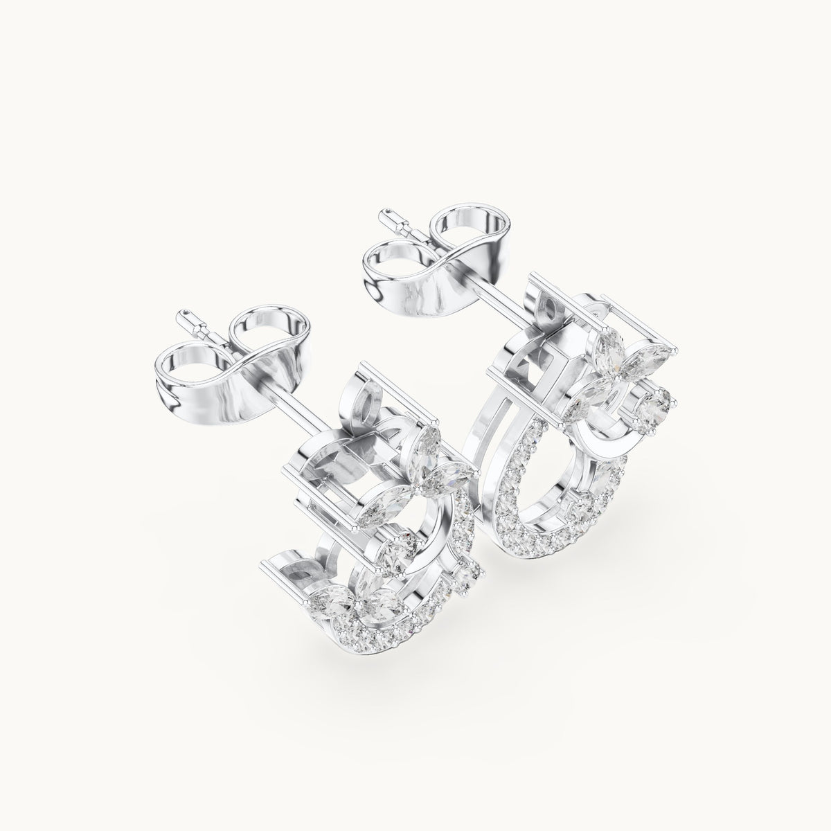 Marquise and round lab-grown diamond vine crescent stud earrings in white gold, 0.50 CT TW, view 2