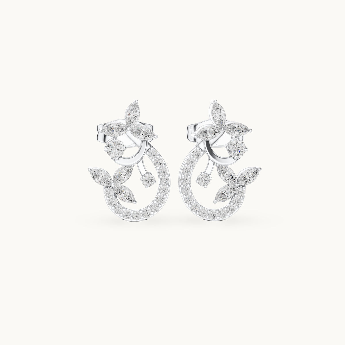 Marquise and round lab-grown diamond vine crescent stud earrings in white gold, 0.50 CT TW, view 4