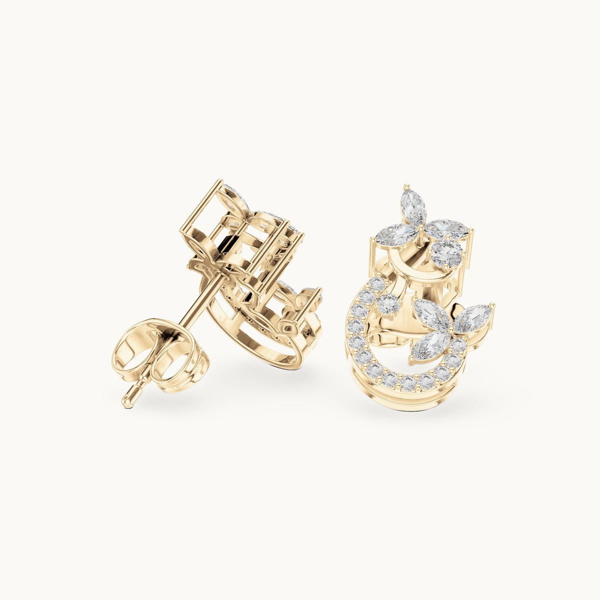 Marquise and round lab-grown diamond vine crescent stud earrings in yellow gold, 0.50 CT TW, view 1