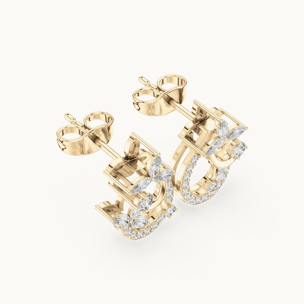 Marquise and round lab-grown diamond vine crescent stud earrings in yellow gold, 0.50 CT TW, view 2