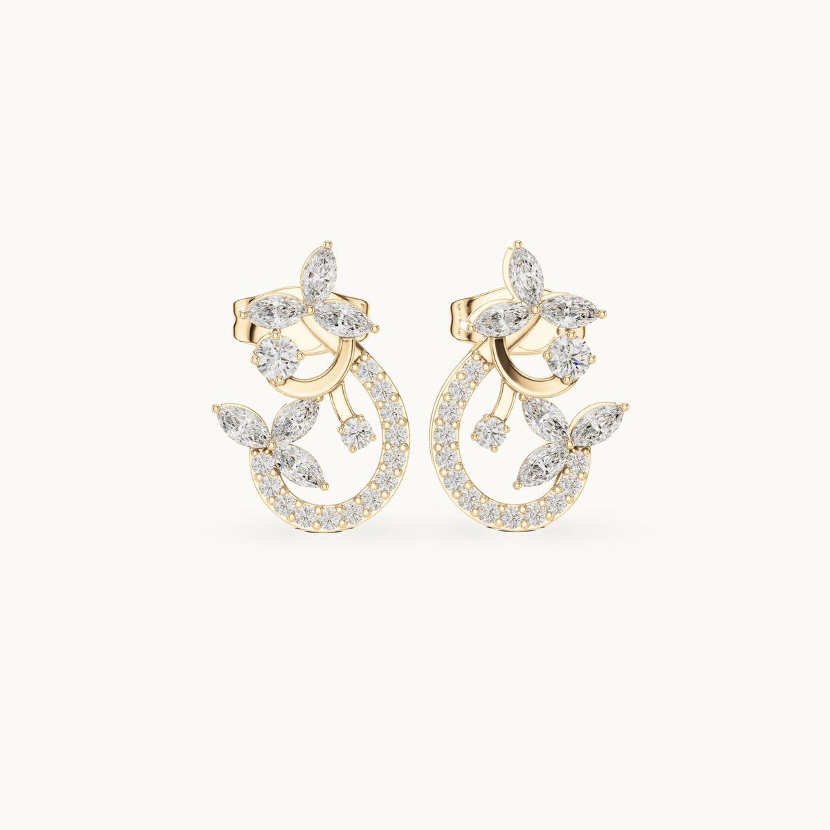 Marquise and round lab-grown diamond vine crescent stud earrings in yellow gold, 0.50 CT TW, view 4