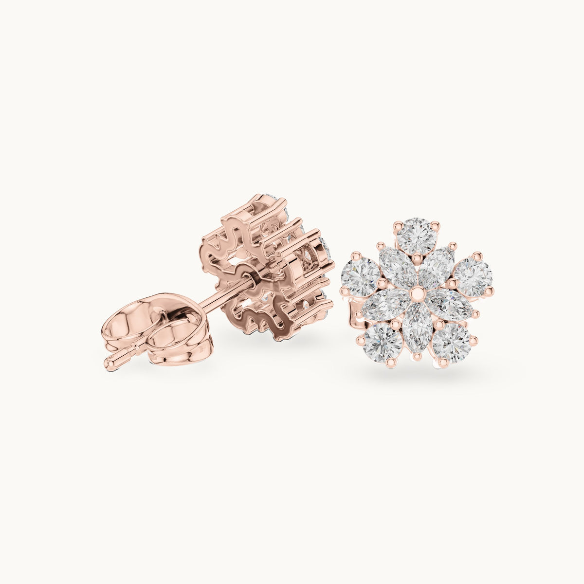 Round and marquise lab-grown diamond flower cluster stud earrings in rose gold, 0.62 CT TW, view 1
