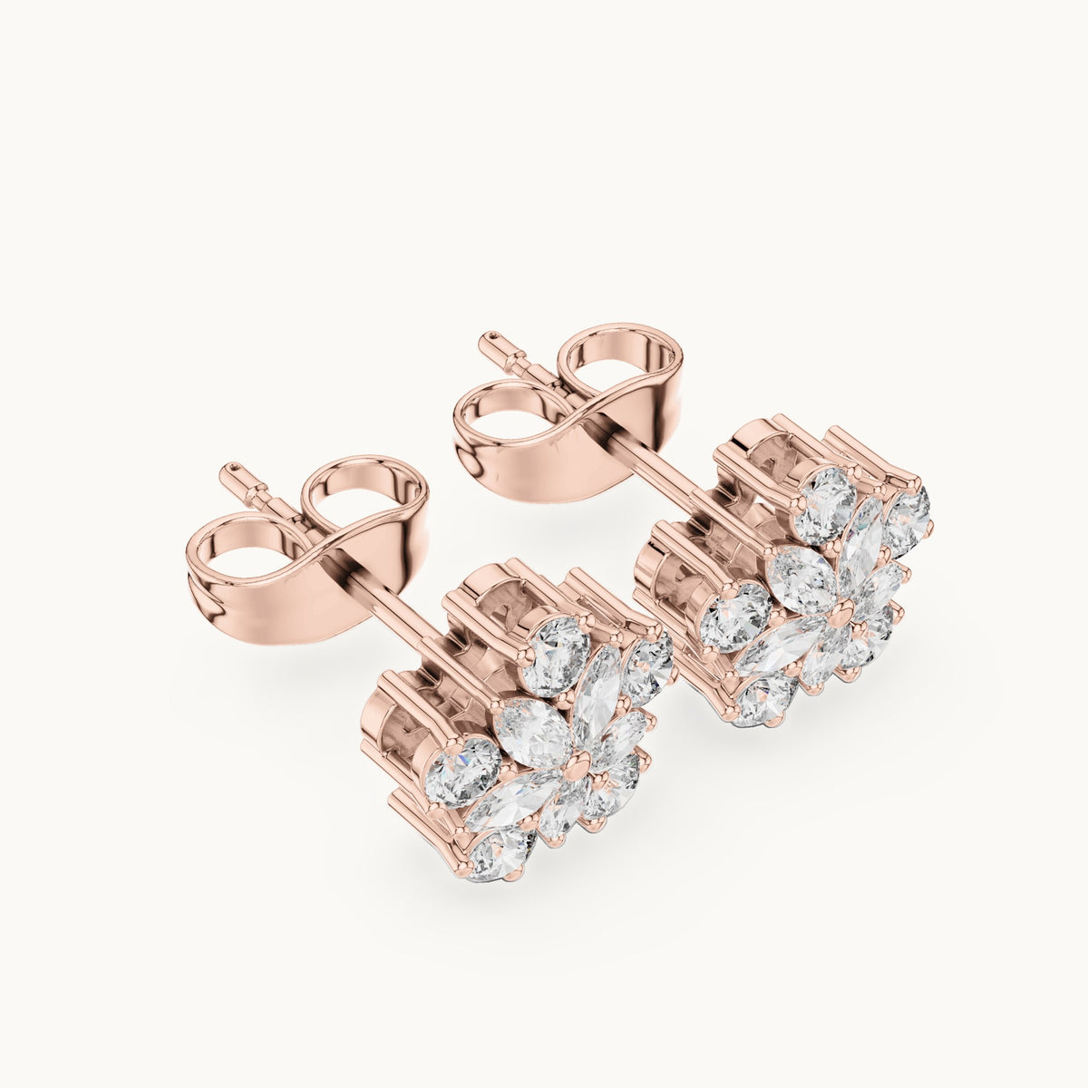 Round and marquise lab-grown diamond flower cluster stud earrings in rose gold, 0.62 CT TW, view 2