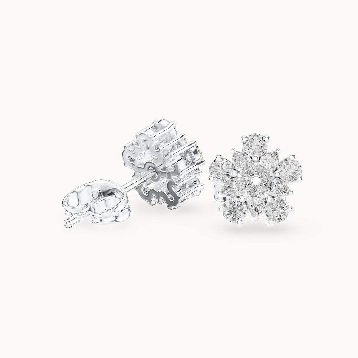 Round and marquise lab-grown diamond flower cluster stud earrings in white gold, 0.62 CT TW, view 1