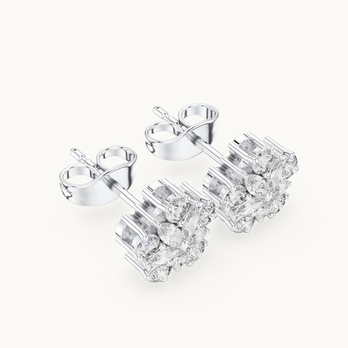 Round and marquise lab-grown diamond flower cluster stud earrings in white gold, 0.62 CT TW, view 2