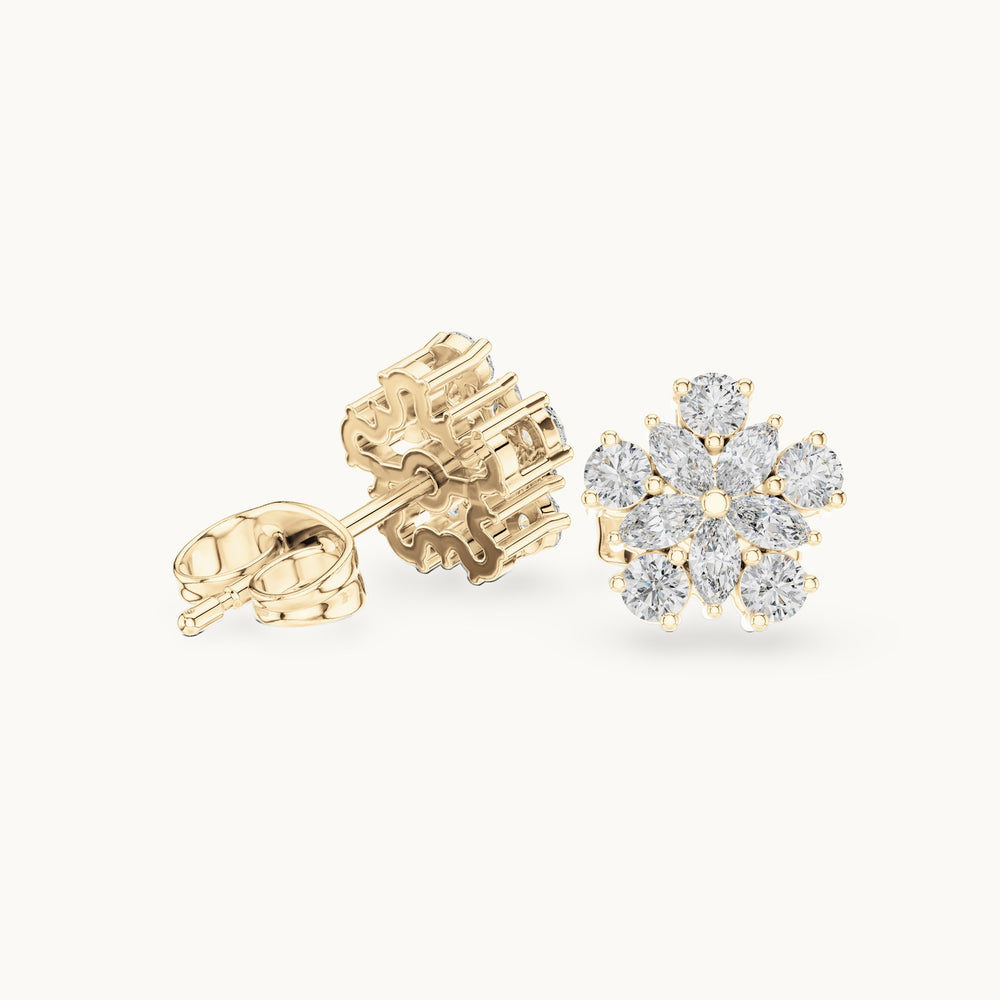 Round and marquise lab-grown diamond flower cluster stud earrings in yellow gold, 0.62 CT TW, view 1