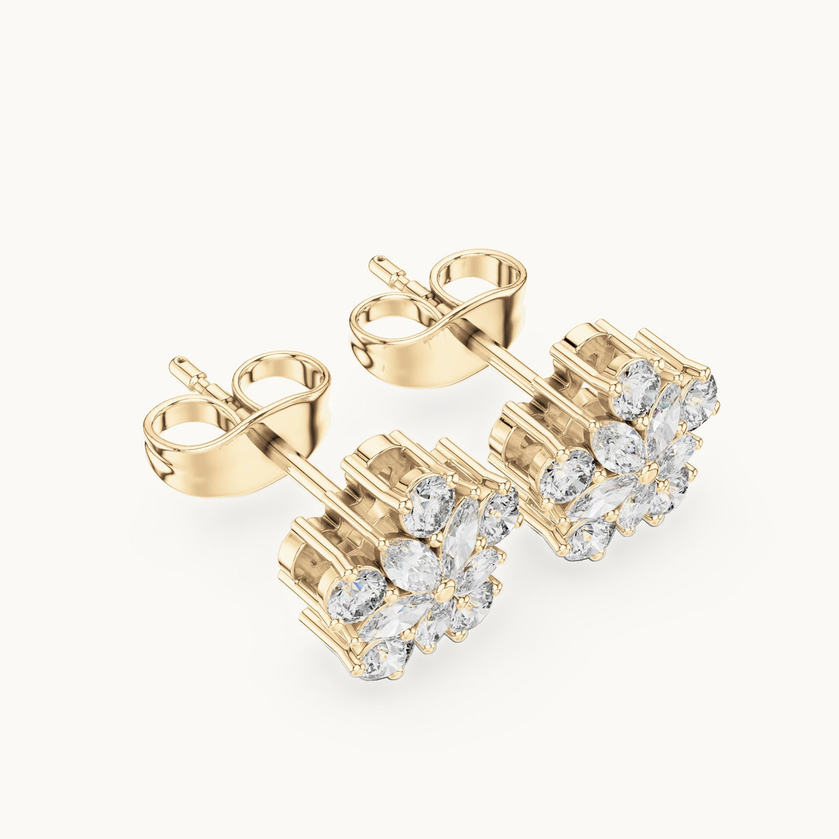 Round and marquise lab-grown diamond flower cluster stud earrings in yellow gold, 0.62 CT TW, view 2