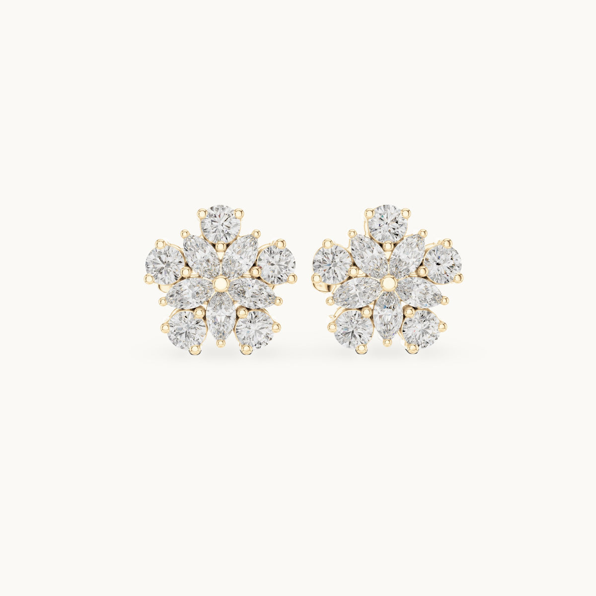 Round and marquise lab-grown diamond flower cluster stud earrings in yellow gold, 0.62 CT TW, view 4