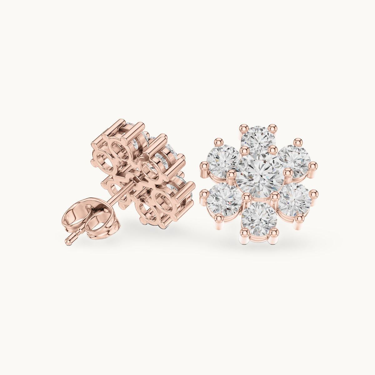 Round lab-grown diamond seven-stone flower cluster stud earrings in rose gold, 2.98 CT TW, view 1