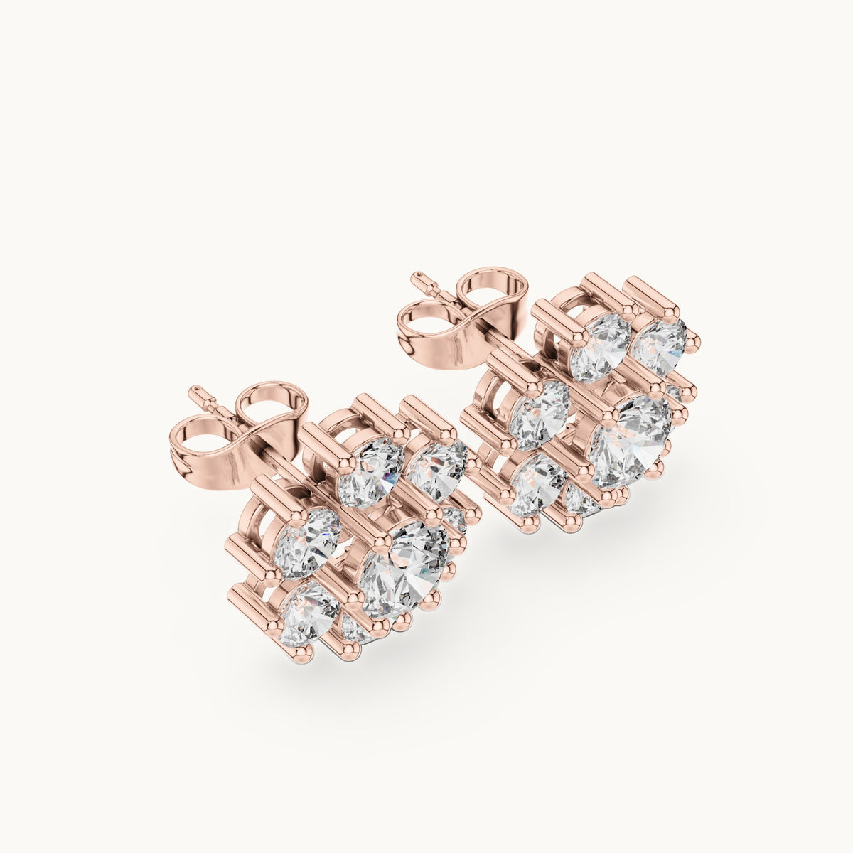 Round lab-grown diamond seven-stone flower cluster stud earrings in rose gold, 2.98 CT TW, view 2