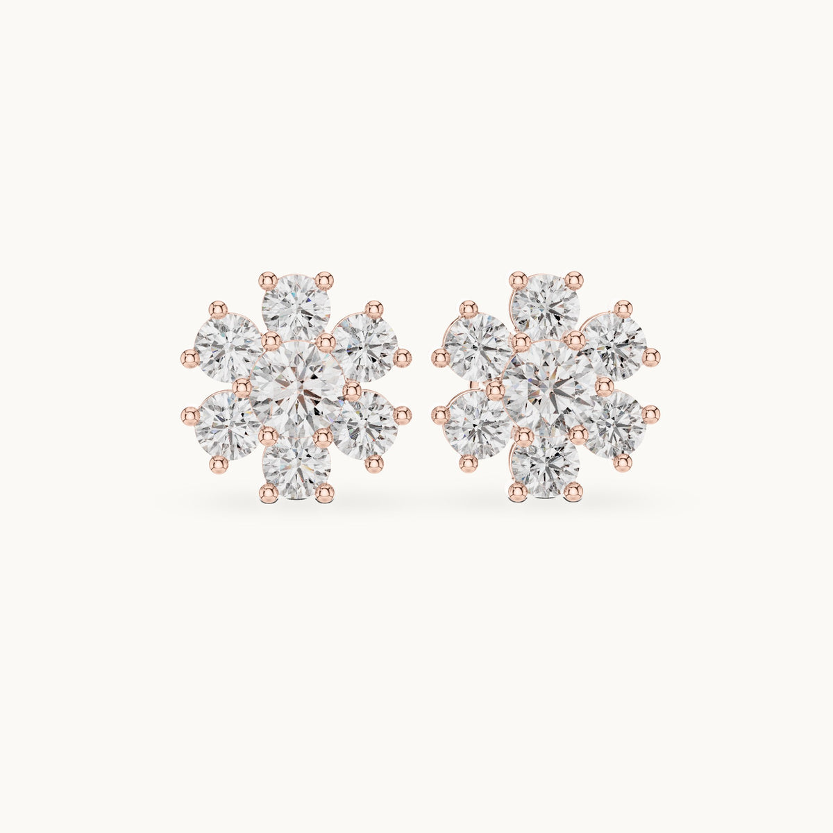 Round lab-grown diamond seven-stone flower cluster stud earrings in rose gold, 2.98 CT TW, view 4