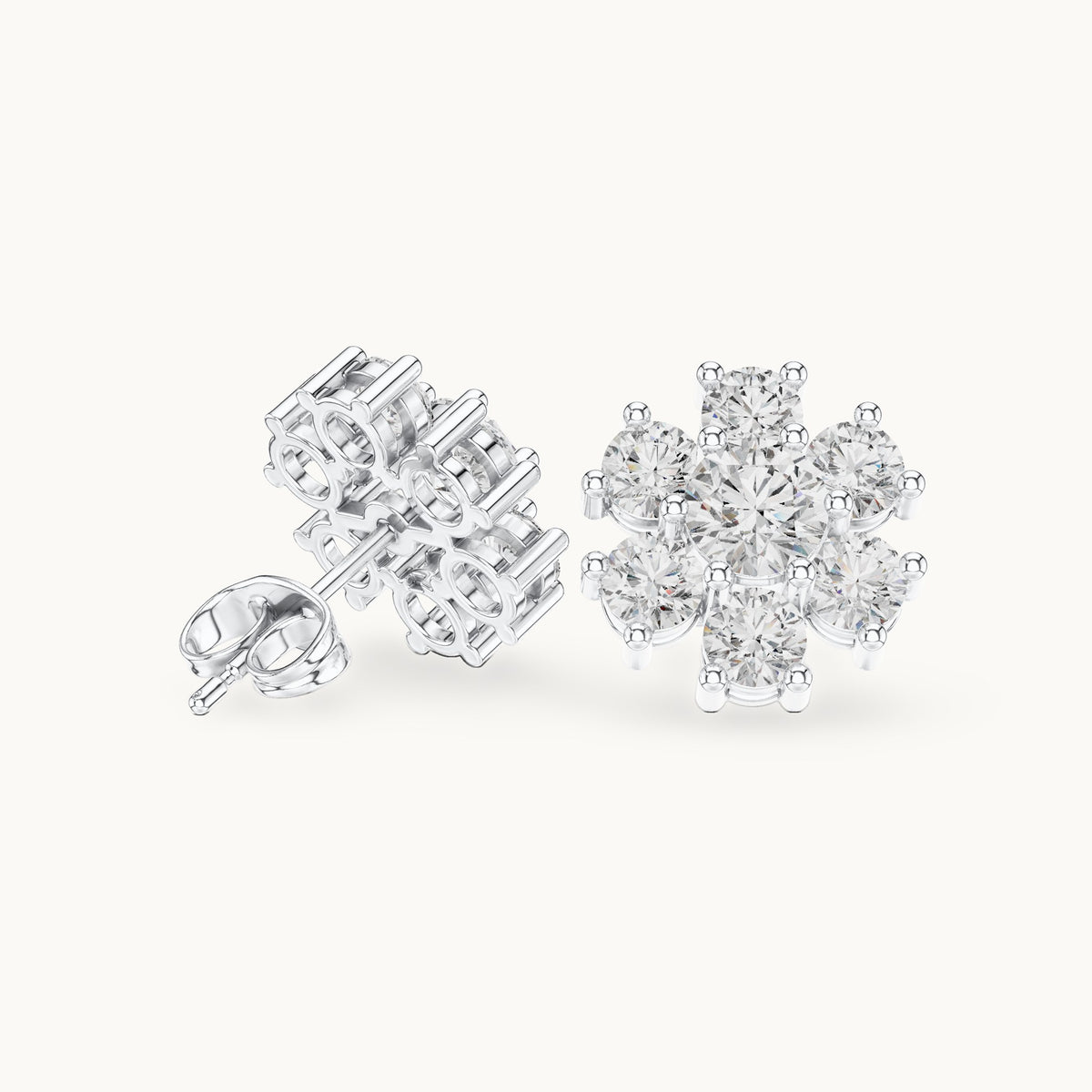 Round lab-grown diamond seven-stone flower cluster stud earrings in white gold, 2.98 CT TW, view 1