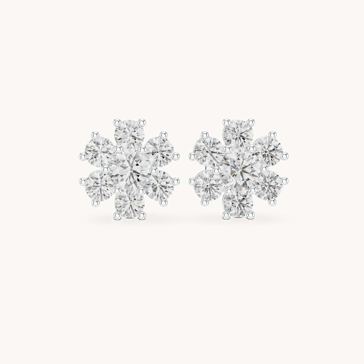 Round lab-grown diamond seven-stone flower cluster stud earrings in white gold, 2.98 CT TW, view 4