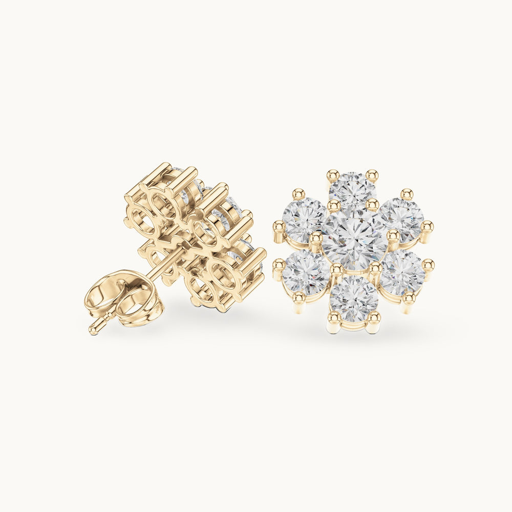 Round lab-grown diamond seven-stone flower cluster stud earrings in yellow gold, 2.98 CT TW, view 1