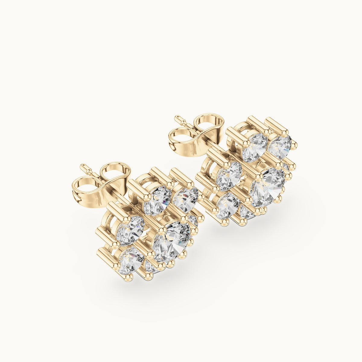Round lab-grown diamond seven-stone flower cluster stud earrings in yellow gold, 2.98 CT TW, view 2