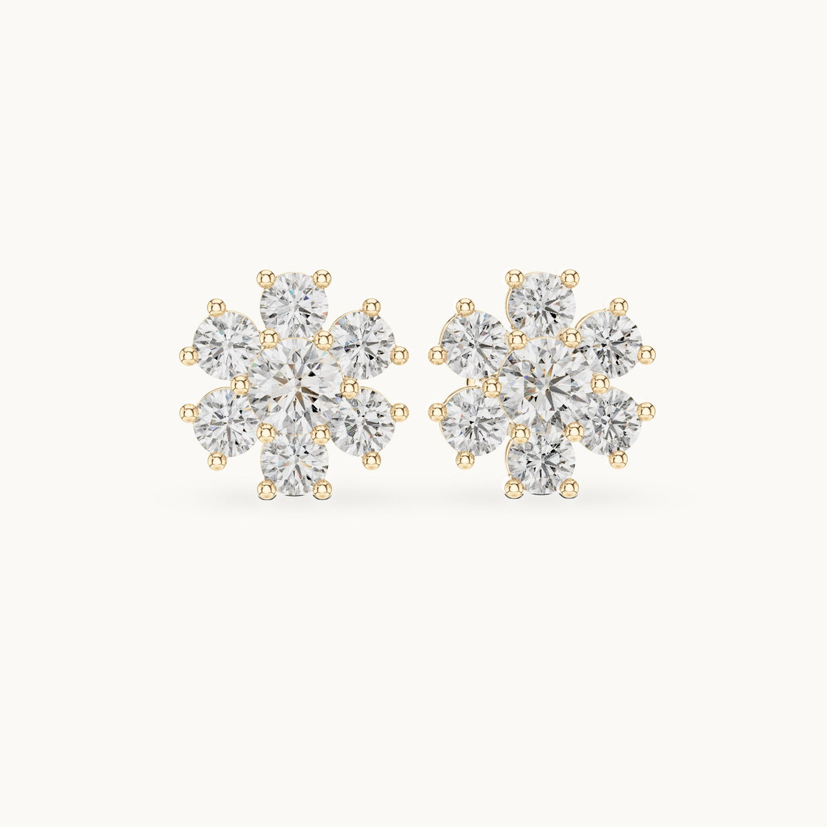 Round lab-grown diamond seven-stone flower cluster stud earrings in yellow gold, 2.98 CT TW, view 4