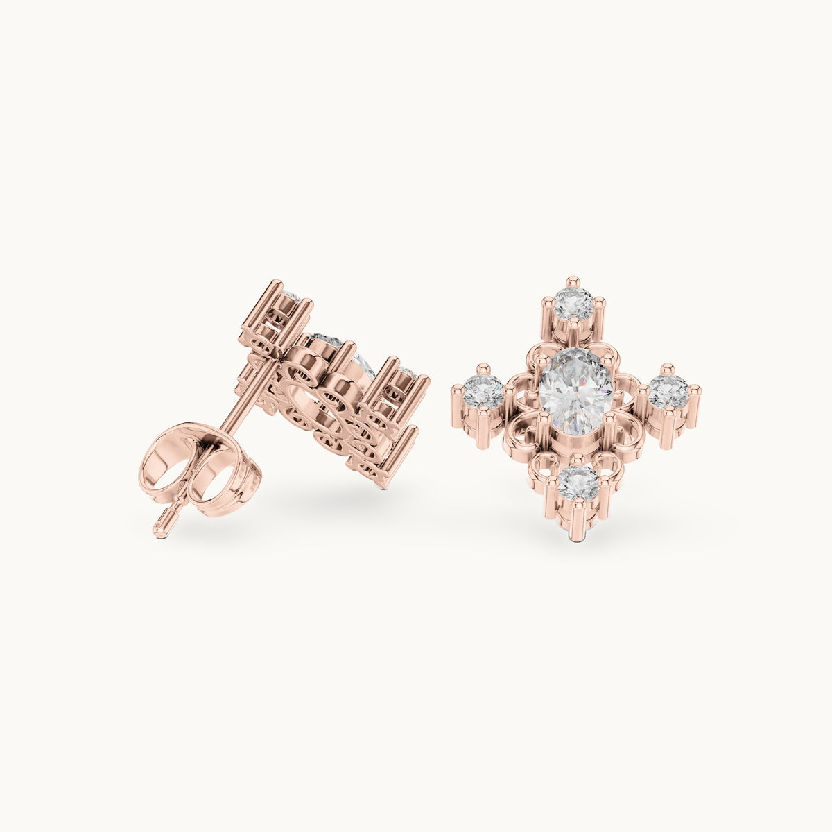 Oval and round lab-grown diamond cross cluster stud earrings in rose gold, 0.73 CT TW, view 1
