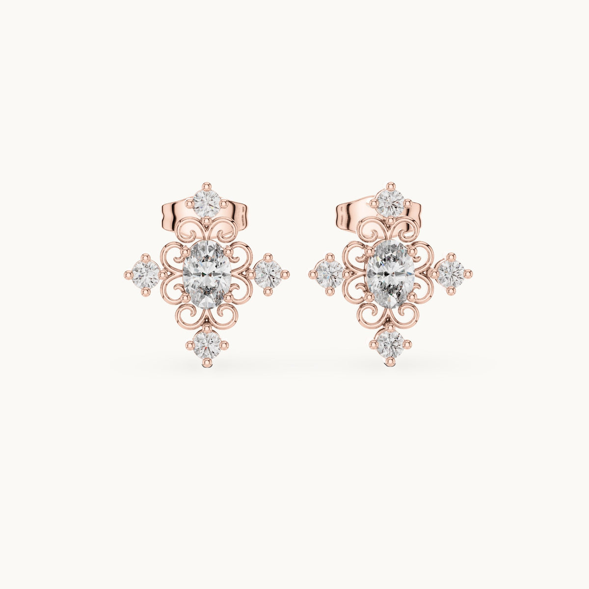 Oval and round lab-grown diamond cross cluster stud earrings in rose gold, 0.73 CT TW, view 4