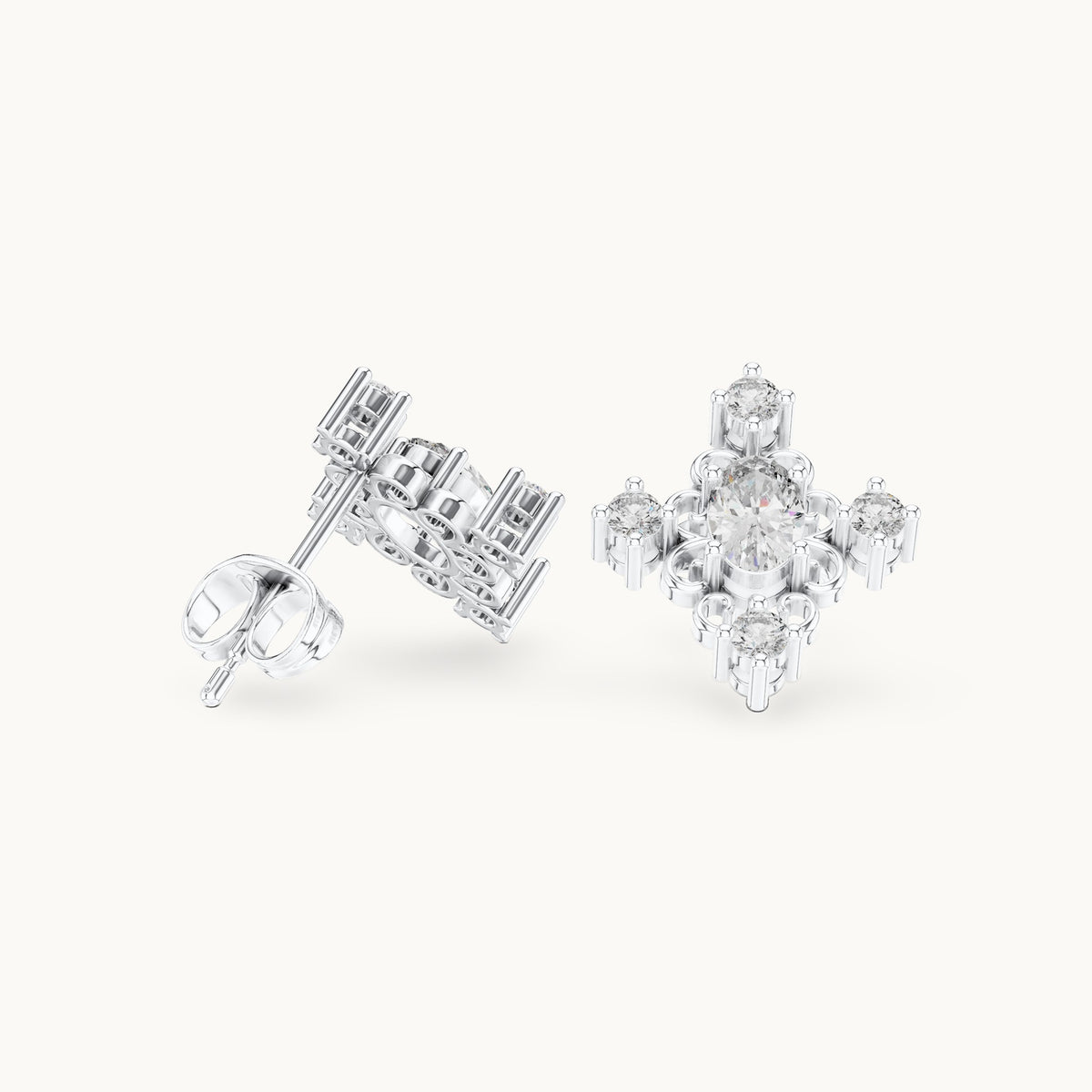 Oval and round lab-grown diamond cross cluster stud earrings in white gold, 0.73 CT TW, view 1