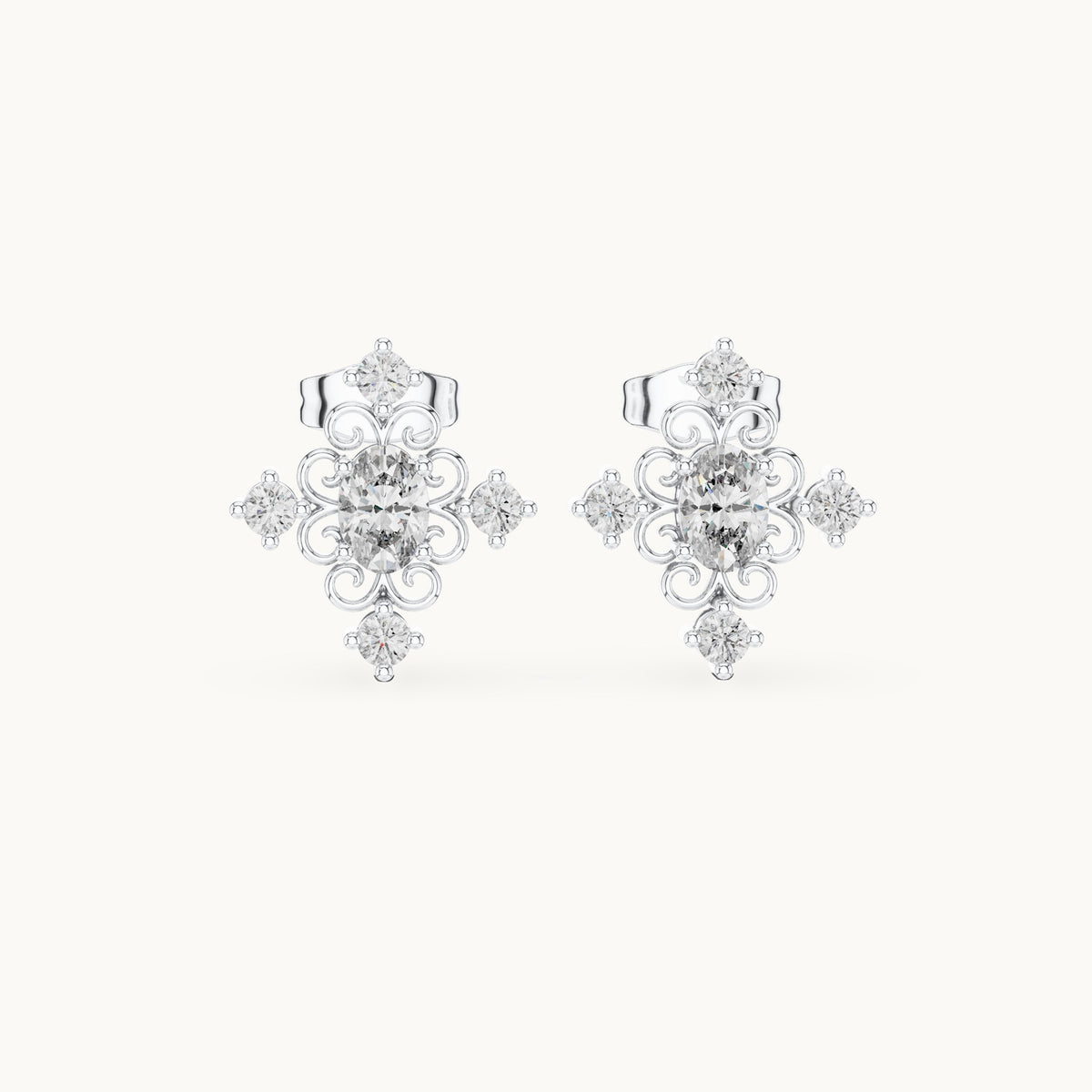 Oval and round lab-grown diamond cross cluster stud earrings in white gold, 0.73 CT TW, view 4