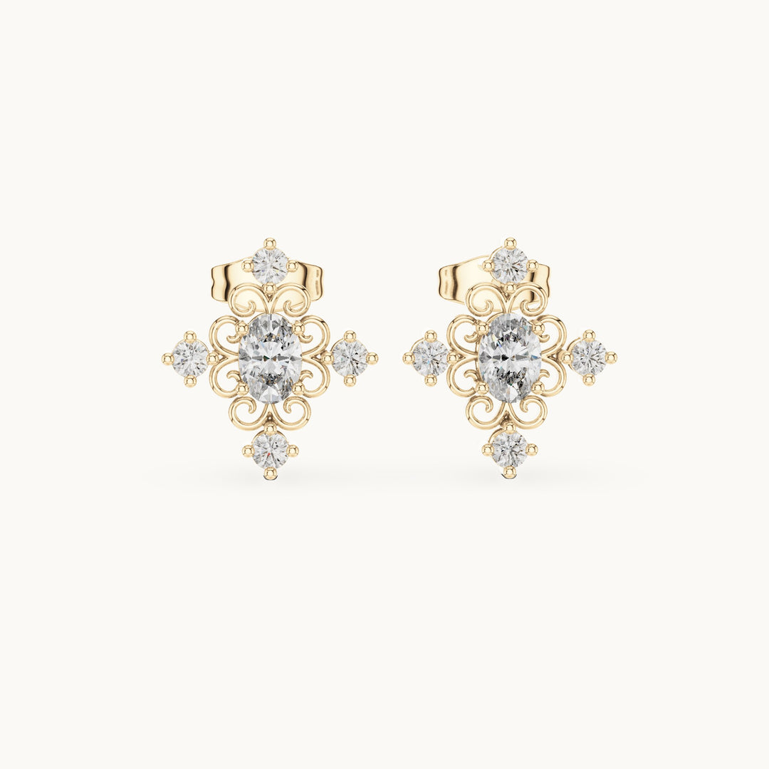 Oval and round lab-grown diamond cross cluster stud earrings in yellow gold, 0.73 CT TW, view 4