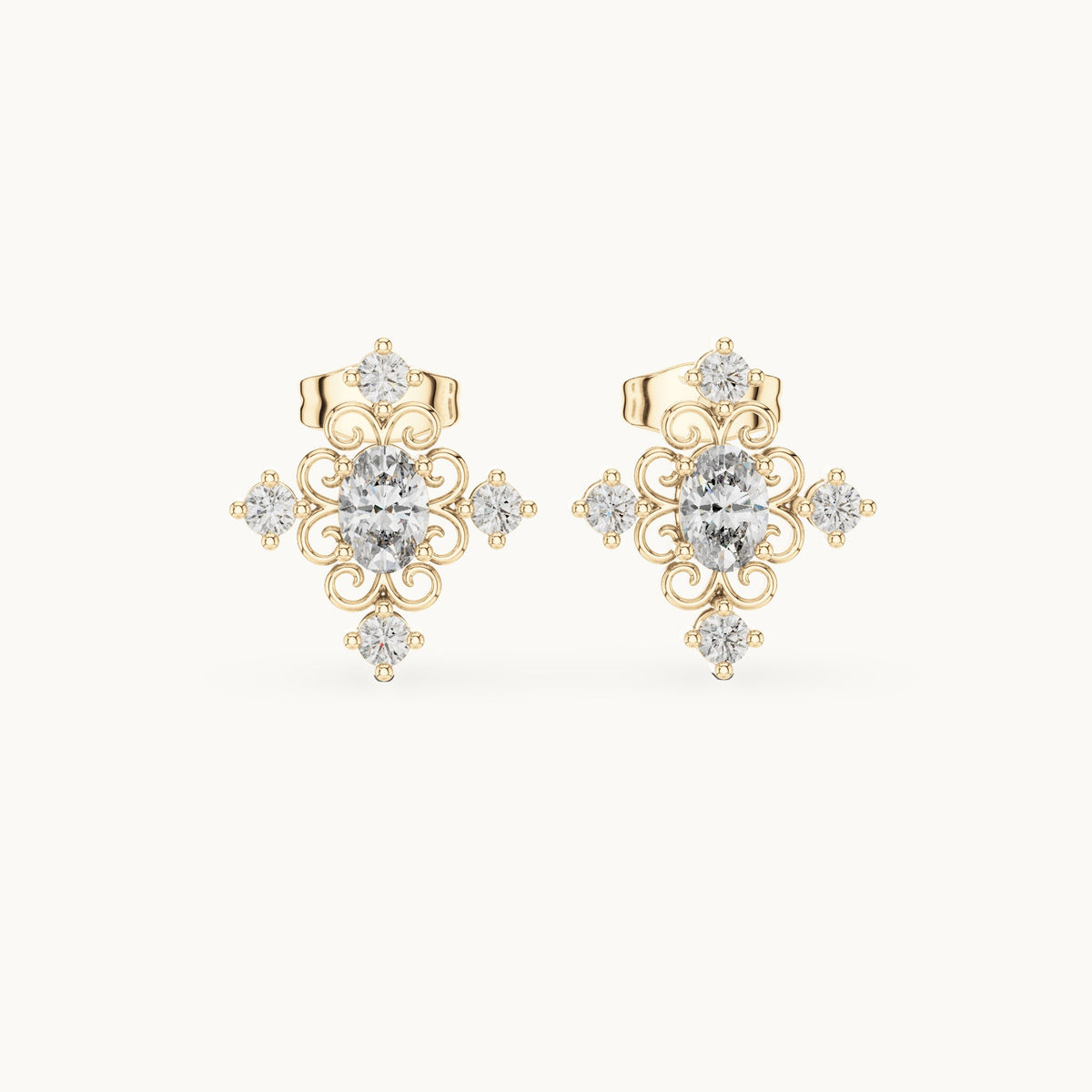 Oval and round lab-grown diamond cross cluster stud earrings in yellow gold, 0.73 CT TW, view 4