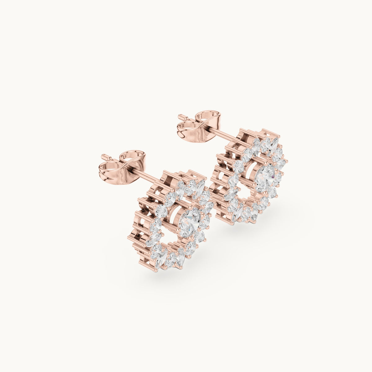 Round and marquise lab-grown diamond starburst halo stud earrings in rose gold, 1.53 CT TW, view 1