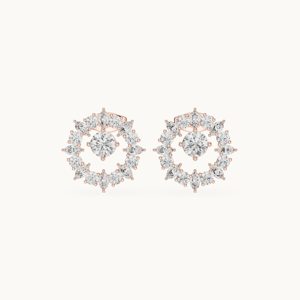 Round and marquise lab-grown diamond starburst halo stud earrings in rose gold, 1.53 CT TW, view 4