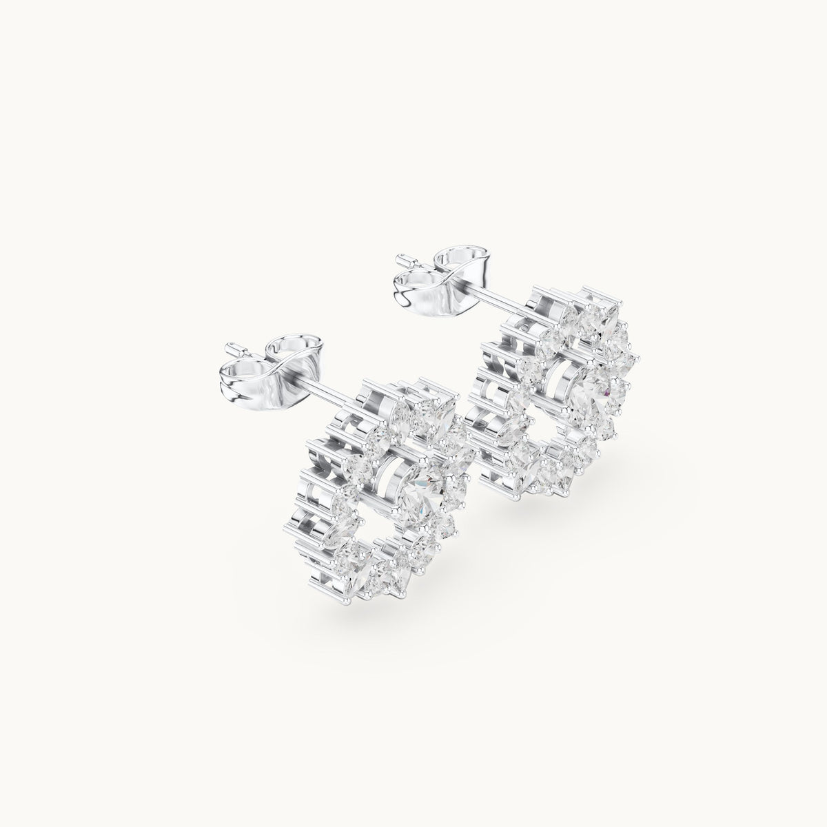 Round and marquise lab-grown diamond starburst halo stud earrings in white gold, 1.53 CT TW, view 1