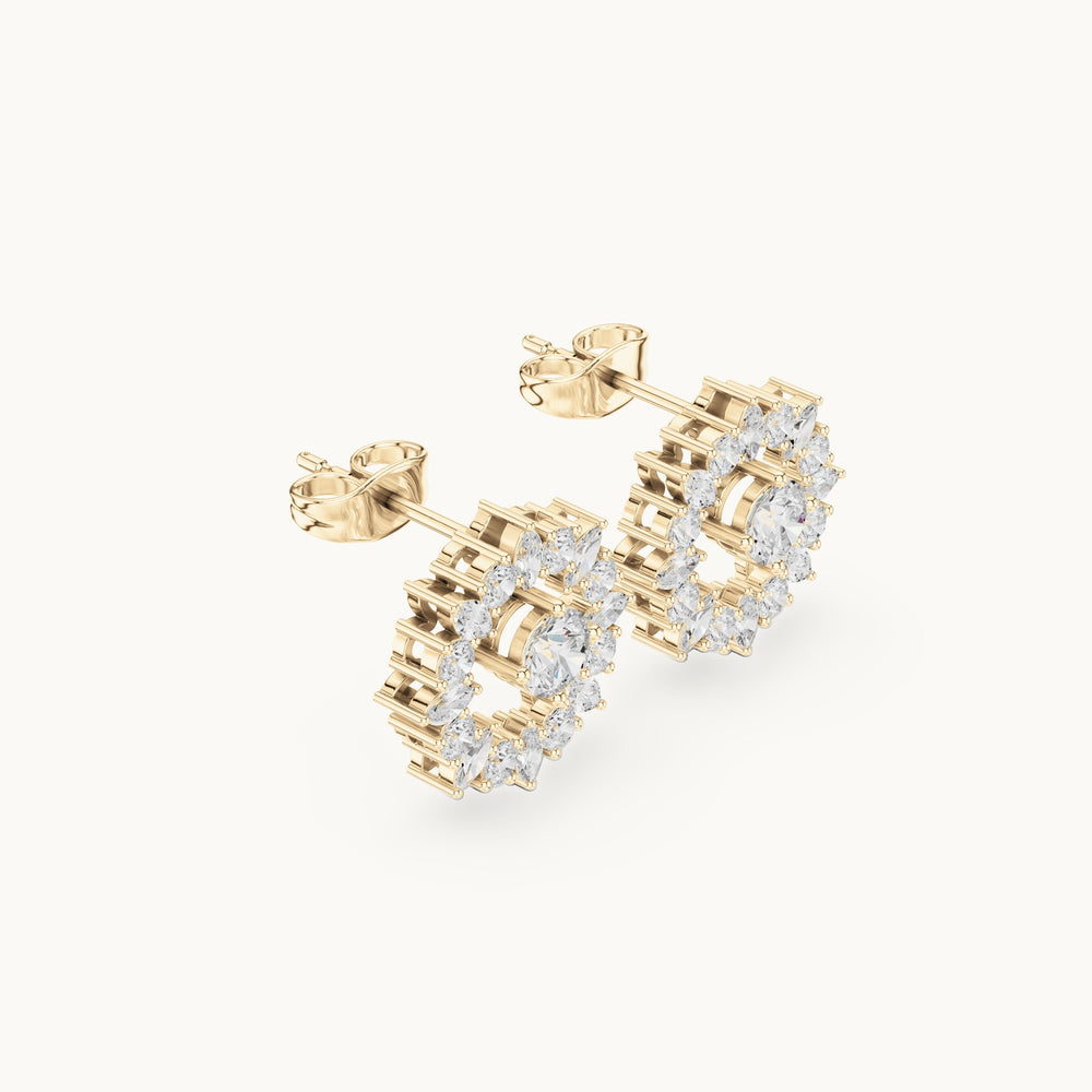 Round and marquise lab-grown diamond starburst halo stud earrings in yellow gold, 1.53 CT TW, view 1
