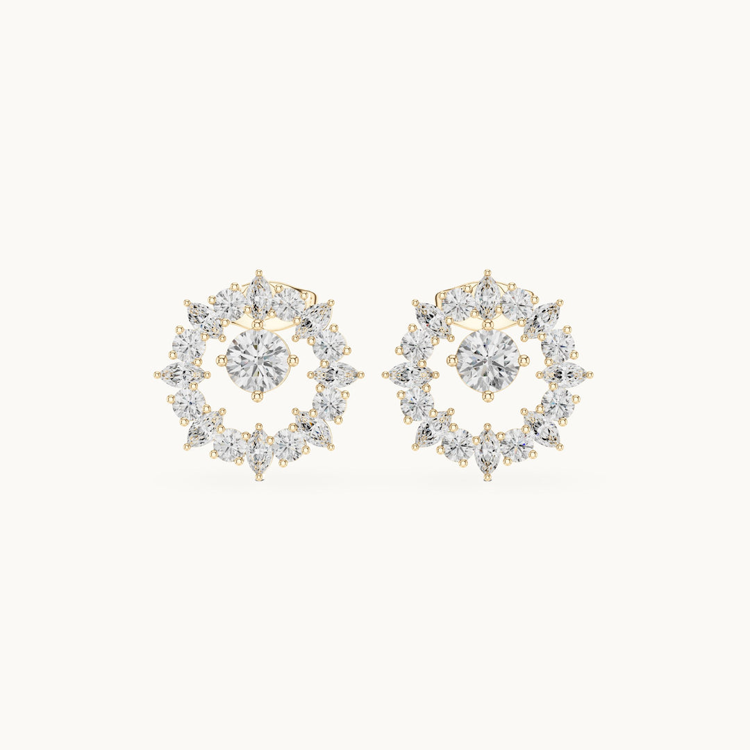 Round and marquise lab-grown diamond starburst halo stud earrings in yellow gold, 1.53 CT TW, view 4