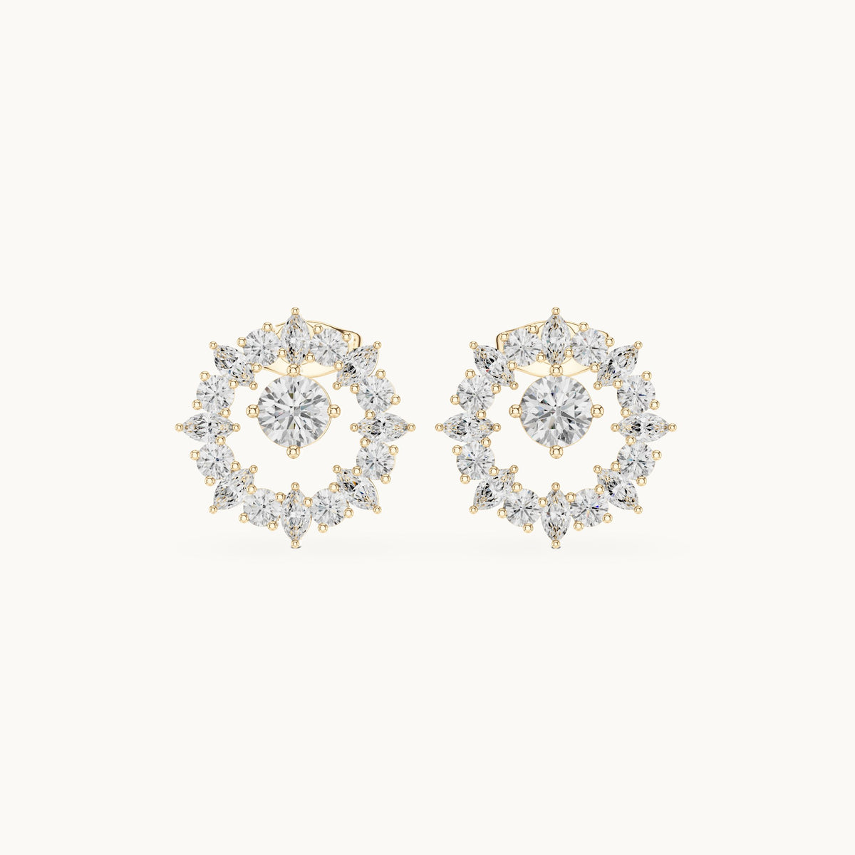 Round and marquise lab-grown diamond starburst halo stud earrings in yellow gold, 1.53 CT TW, view 4